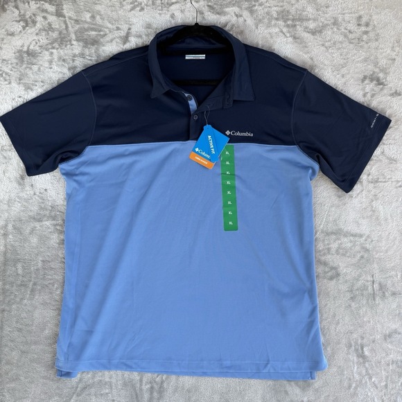 NEW Columbia Men's XL Polo Shirt Omni-Shade UPF 40 Sun Protection Blue & Navy - Picture 2 of 7